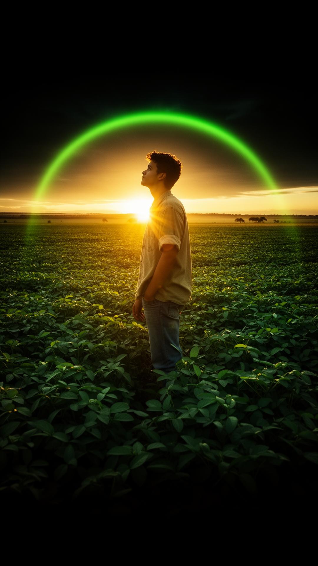 Jovem produtor olhando para o horizonte ao pôr do sol